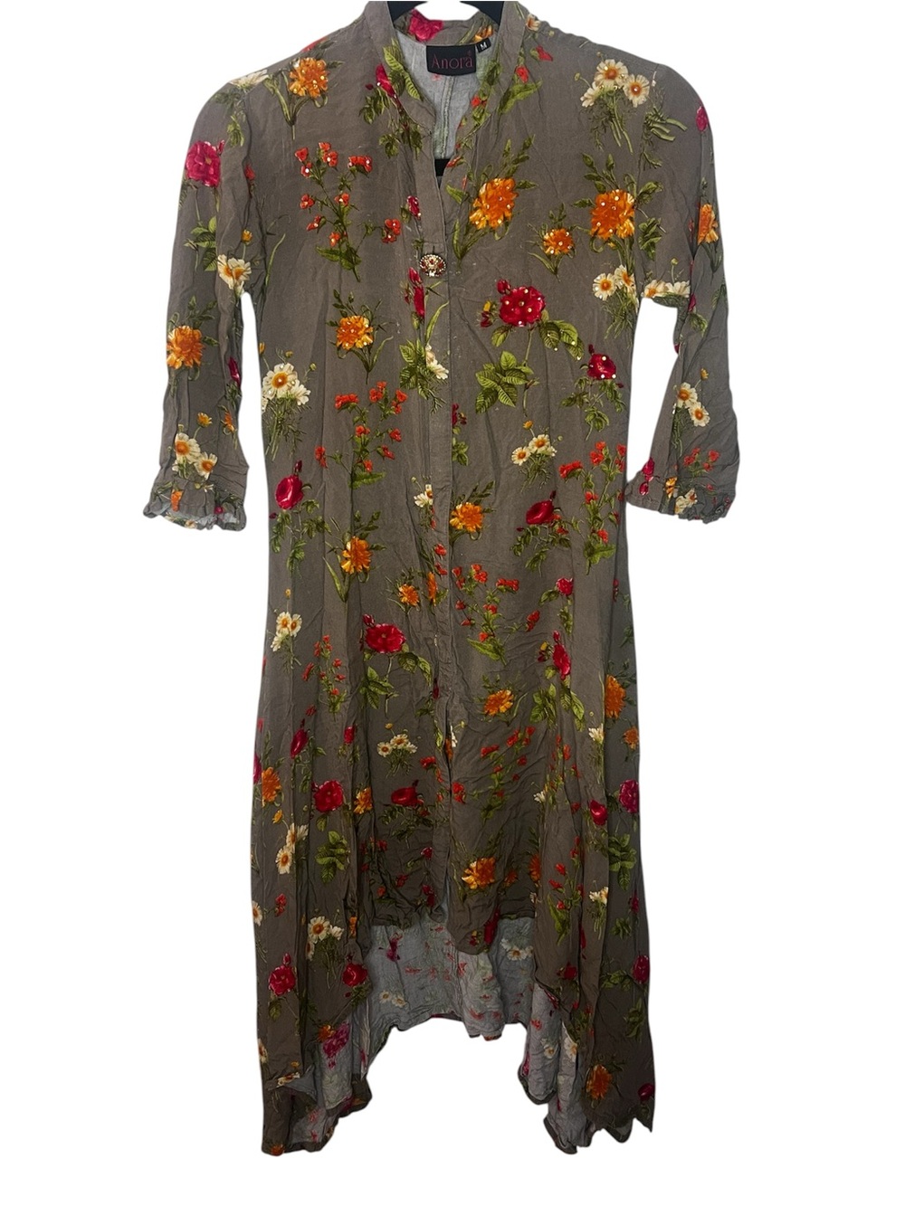 ANORA Olive Floral Asymmetrical Kurta with Red & Orange Blooms-77